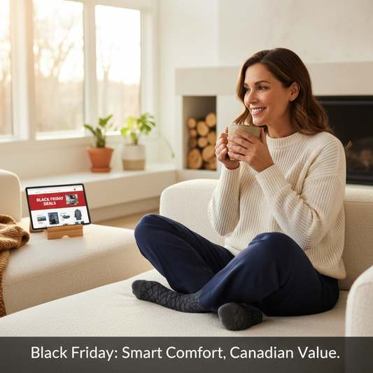A woman relaxing on a sofa, wearing compression socks, with a tablet showing Black Friday deals in the background, illustrating 'Your Guide to Black Friday 2024: Why It's the Best Time to Buy Compression Socks in Canada'.
