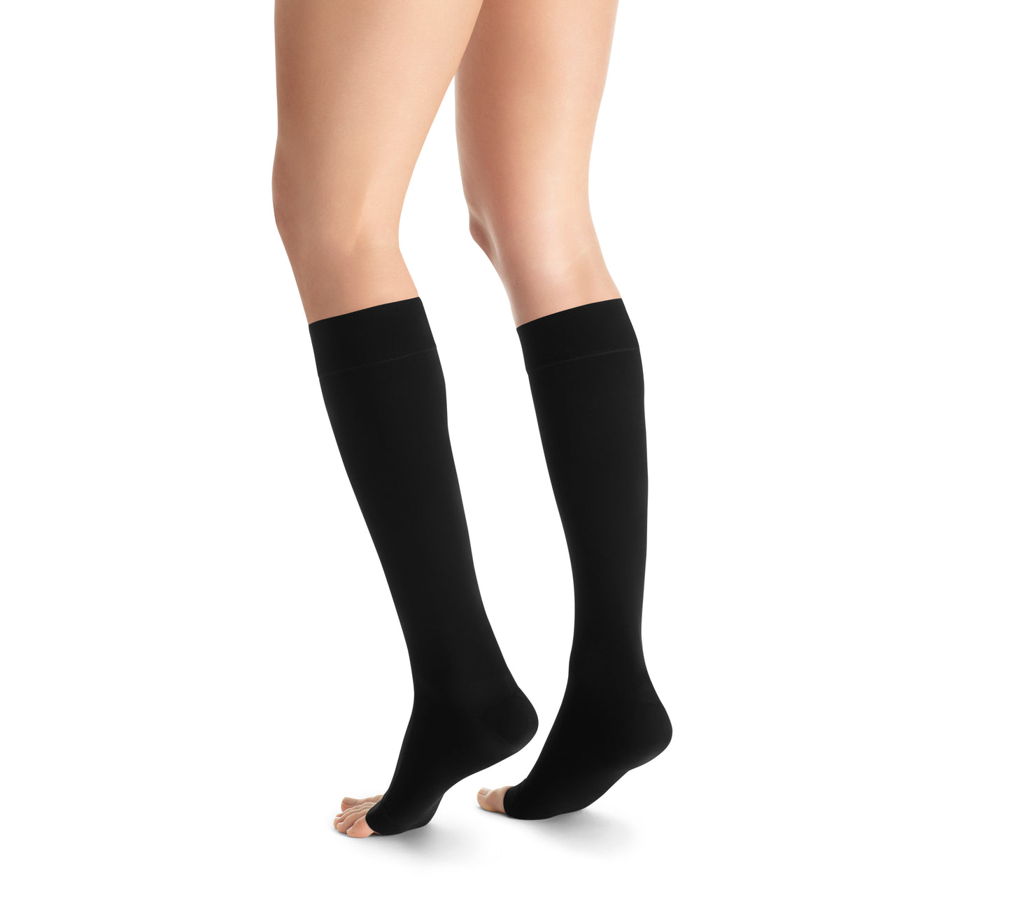 JOBST Opaque Compression Stockings 30-40 mmHg Knee High Open Toe Natural Large Petite back view black view 