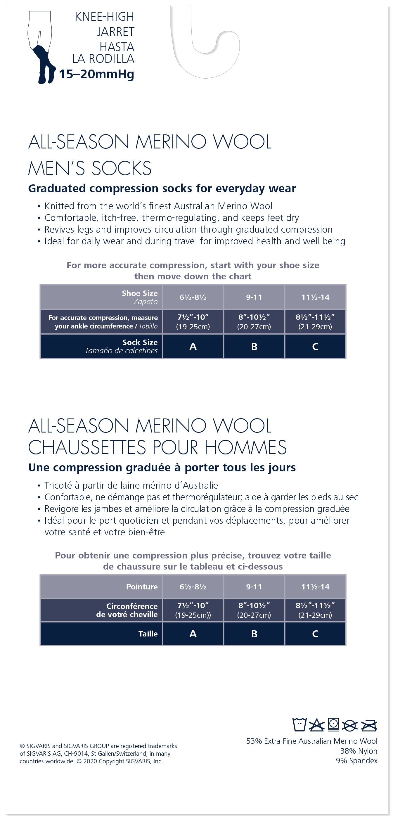 Sigvaris Men's All-Season Merino Wool Calf 15-20mmHg Closed