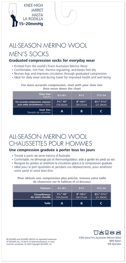 Sigvaris Men's All-Season Merino Wool Calf 15-20mmHg Closed