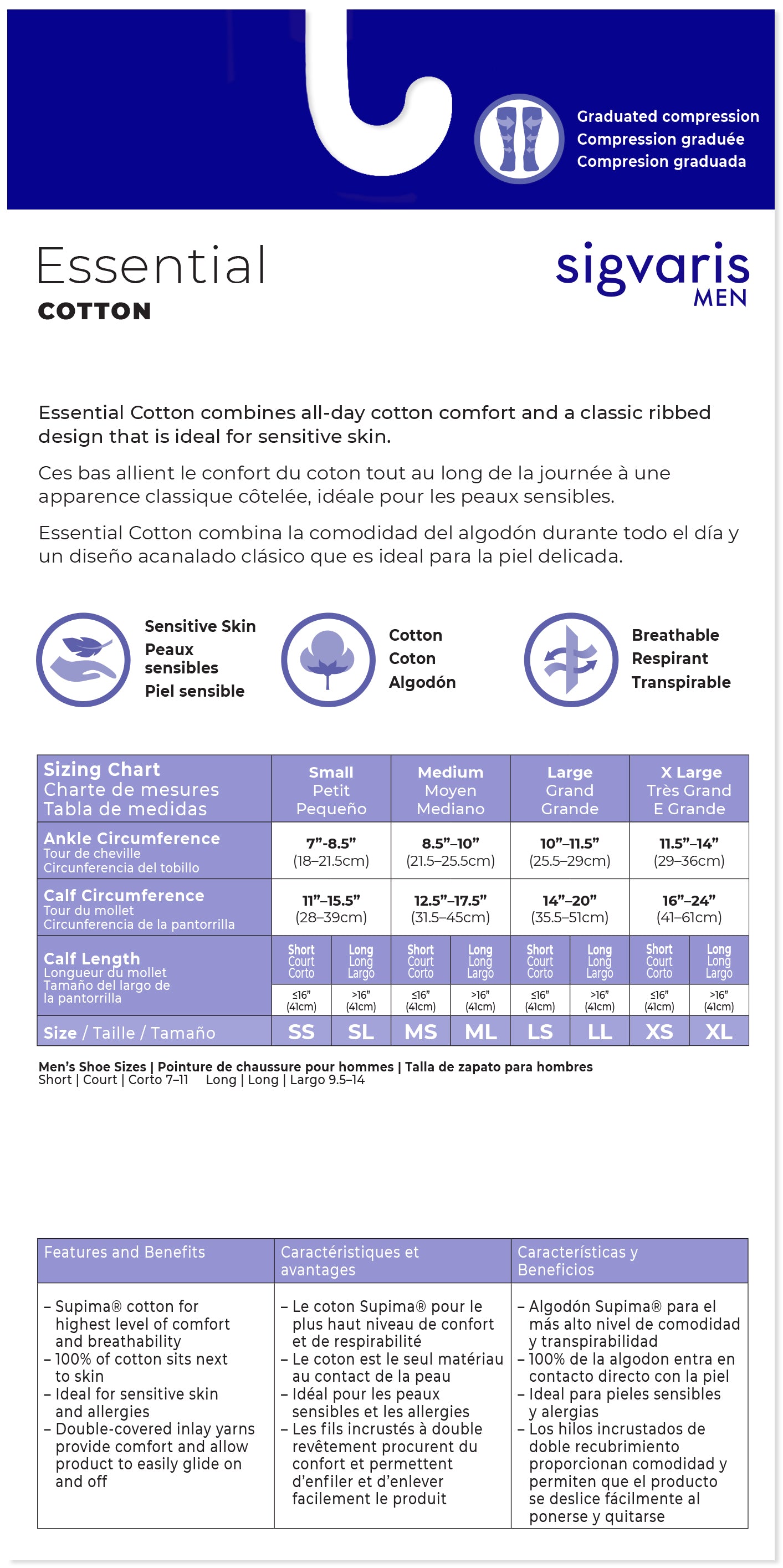 Sigvaris Men's Essential Cotton Calf with Grip-Top 30-40mmHg Men's Closed Toe