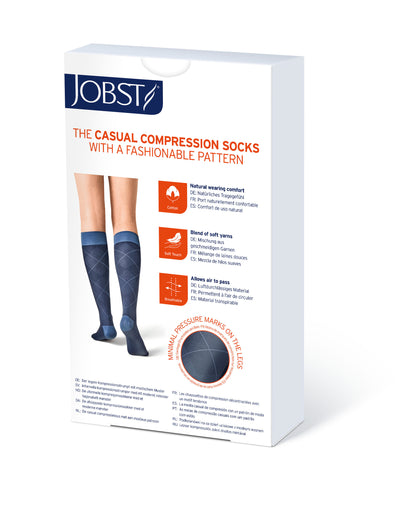 JOBST Casual Pattern Compression Socks 20-30 mmHg, Knee High, Closed Toe, Long Length product box view