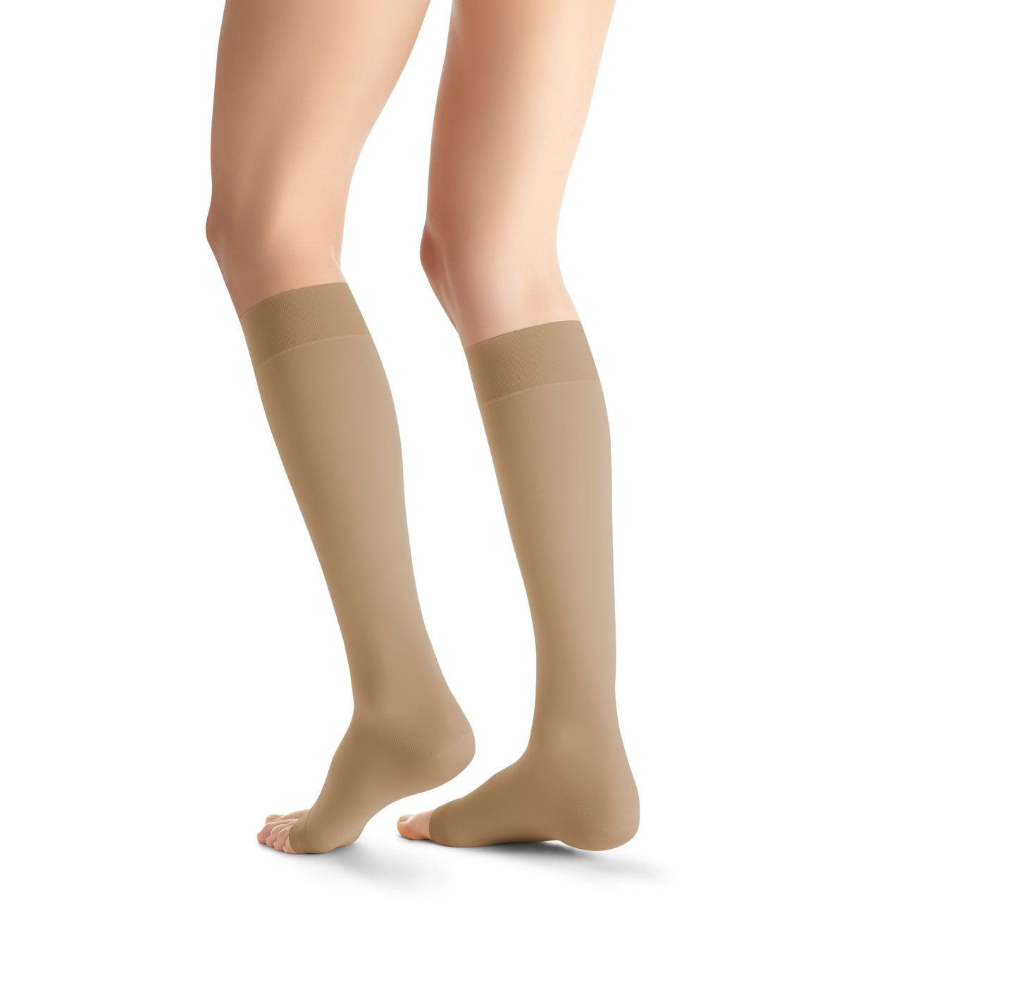 JOBST Opaque Compression Stockings 20-30 mmHg Knee High SoftFit Band Open Toe, Full Calf back view color khakhi