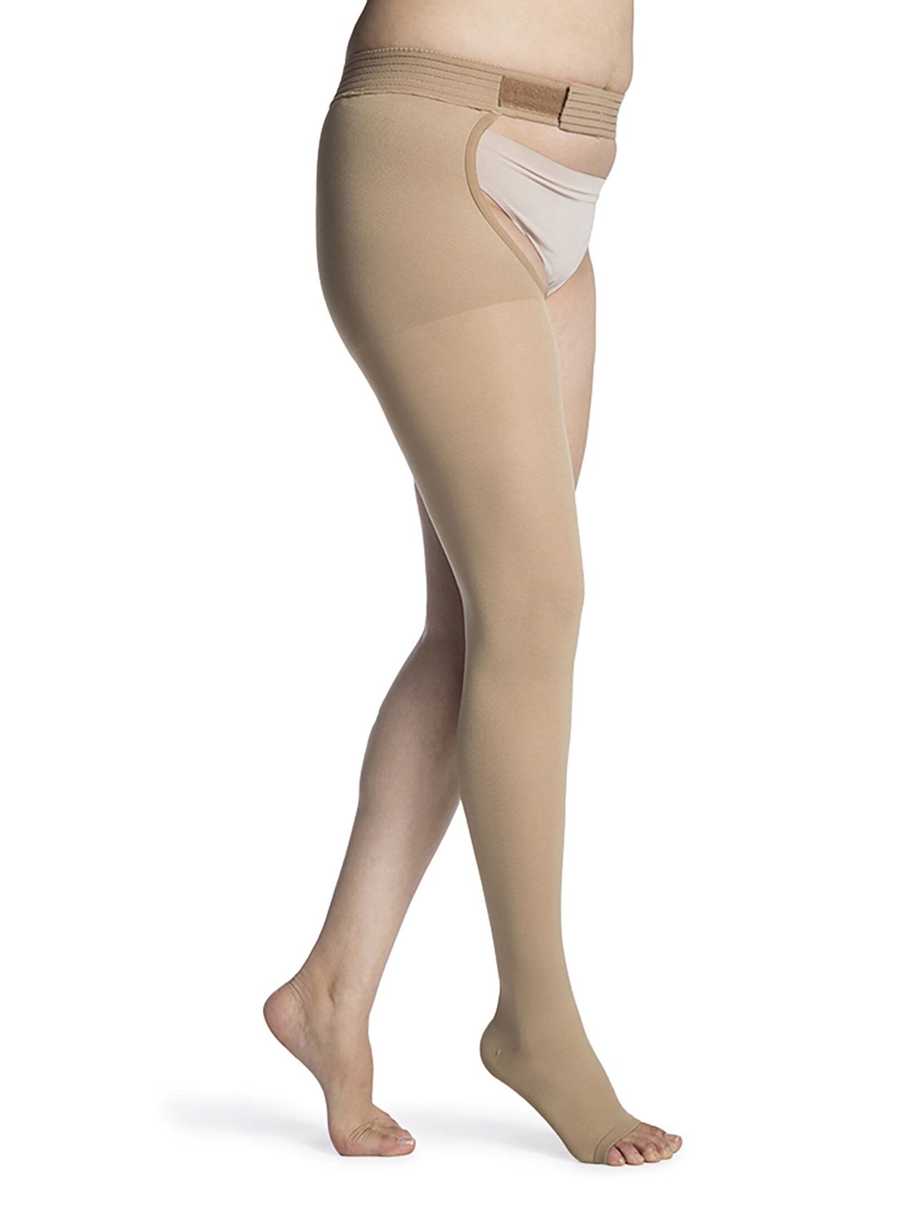 Sigvaris 860 Opaque Compression Socks 20-30 mmHg Thigh High w/Waist Attachment For Women Open Toe Color Cream Side View