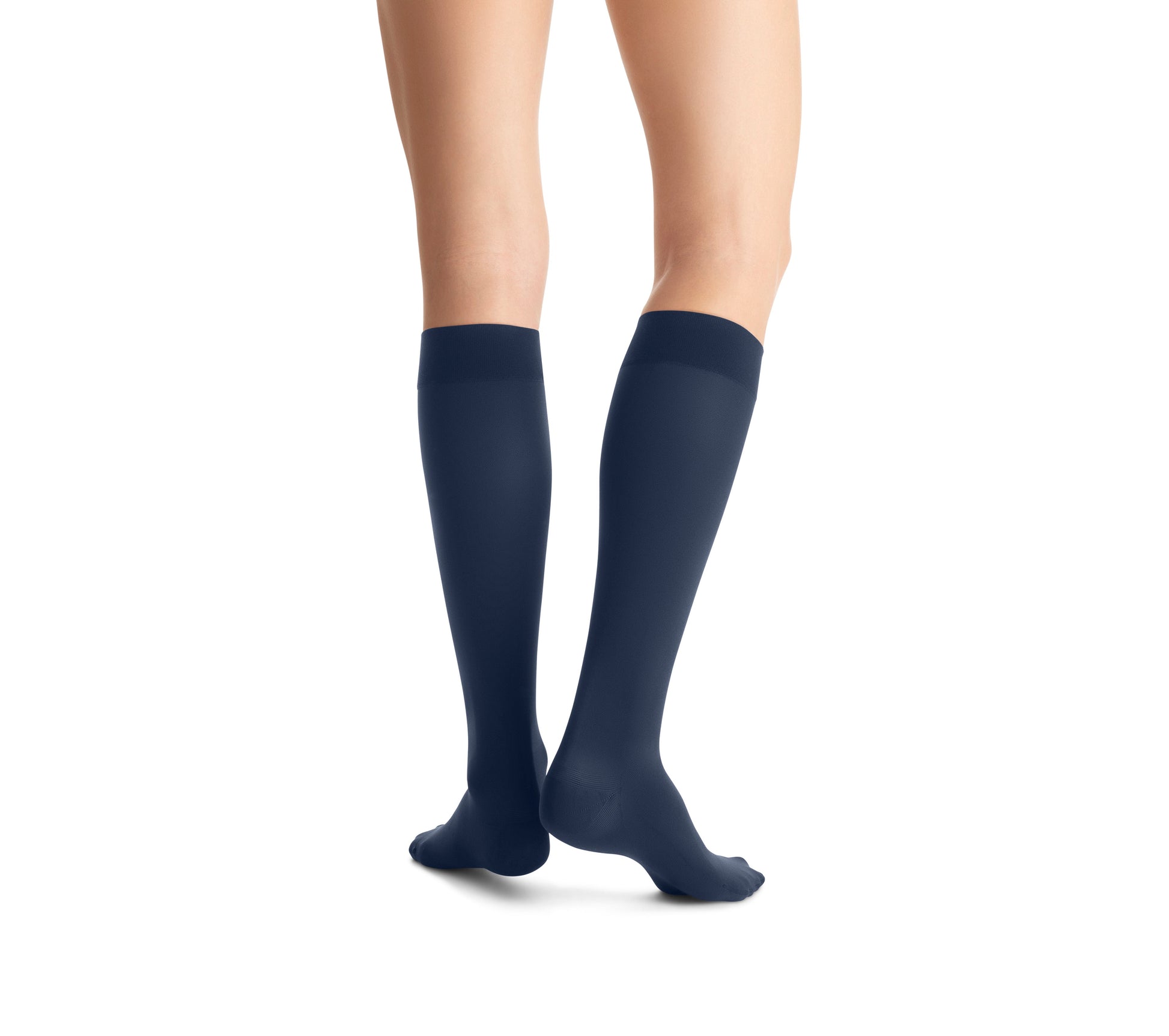 JOBST Opaque Compression Stockings 15-20 mmHg Knee High SoftFit Band Closed Toe back view color blue