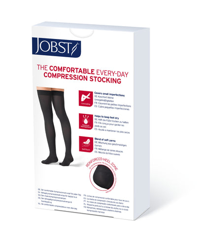 JOBST Opaque Compression Stockings 30-40 mmHg Thigh High Silicone Dot Band Open Toe Product box back view