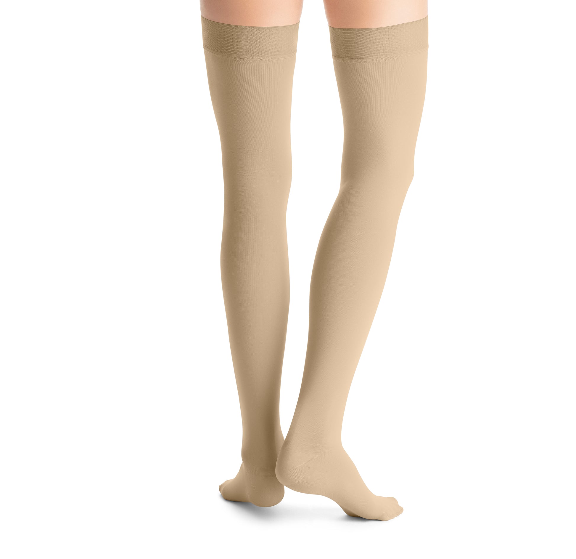 JOBST Opaque Compression Stockings 15-20 mmHg Thigh High Sensitive Band Closed Toe color khakhi back view