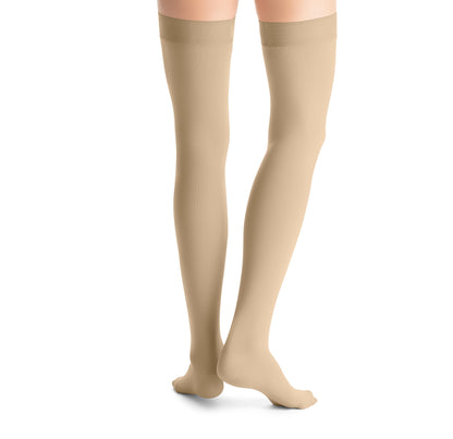 JOBST Opaque Compression Stockings 15-20 mmHg Thigh High Sensitive Band Petite Closed Toe back view color khakhi