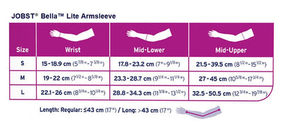 JOBST Bella Lite Compression Sleeves 20-30 mmHg, Armsleeve Silicone Dot Band Size chart 