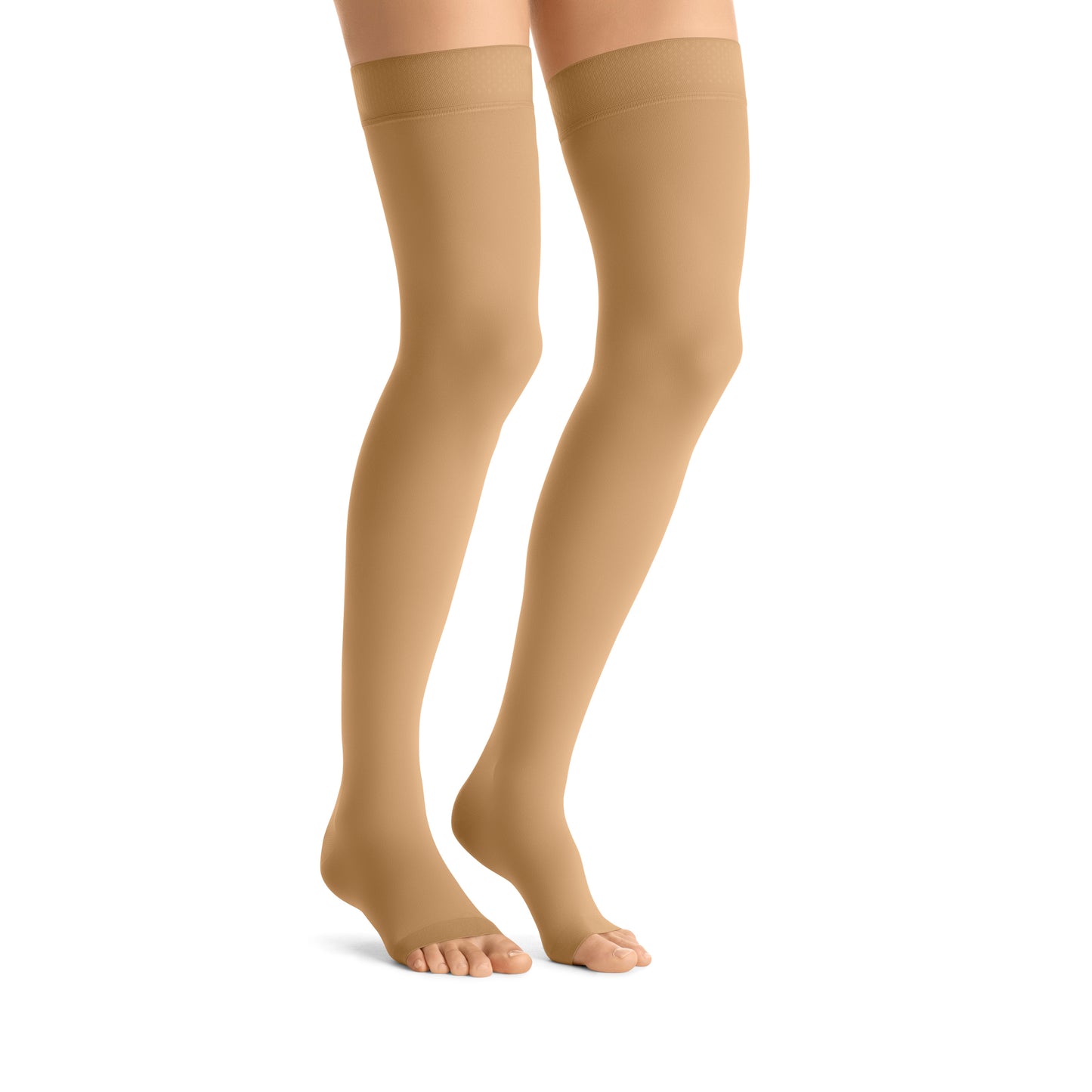 JOBST Opaque Compression Stockings 20-30 mmHg Thigh High Silicone Dot Band Open Toe color khakhi Front view