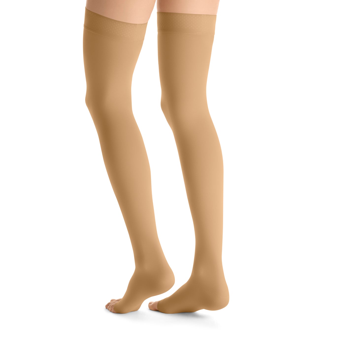 JOBST Opaque Compression Stockings 20-30 mmHg Thigh High Silicone Dot Band Open Toe color khakhi back view