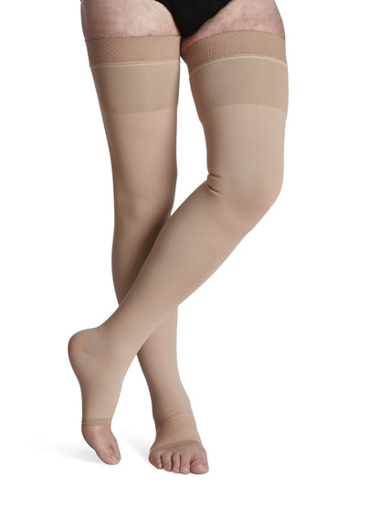 Sigvaris 503 Natural Rubber No Grip Top Compression Socks 30-40 mmHg Thigh High For Unisex Open Toe Color Light Cream 