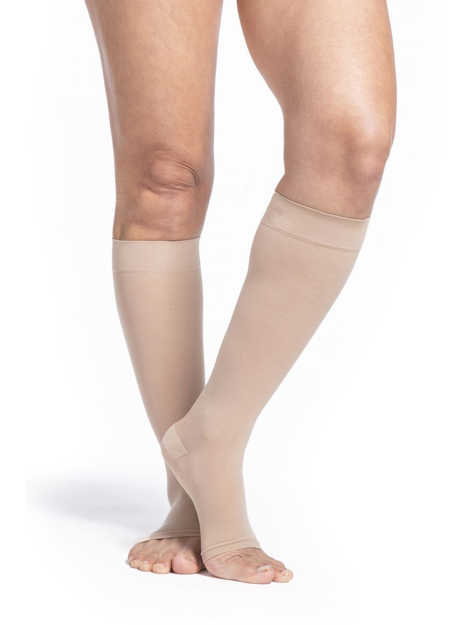 Sigvaris 780 Sheer Compression Socks 15-20 mmHg Calf High for Women Open Toe color dark cream 