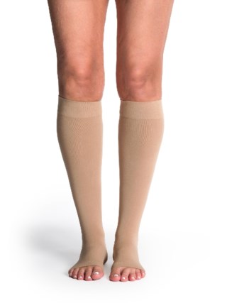 Sigvaris 840 Soft Opaque Compression Socks 15-20 mmHg Calf High for Female Open Toe Color Cream 