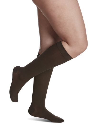 Sigvaris 840 Soft Opaque Compression Socks 20-30 mmHg Calf High for Female Closed Toe Color Maroon side view 