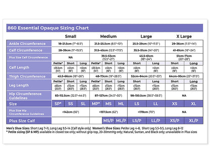 Sigvaris 860 Opaque Compression Socks 20-30 mmHg Calf High With Grip Top For Unisex Closed Toe Size chart