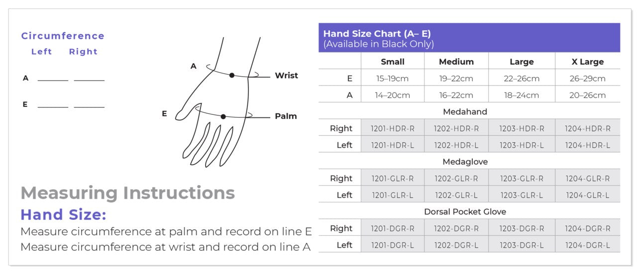 Sigvaris Dorsal Pocket Glove size chart