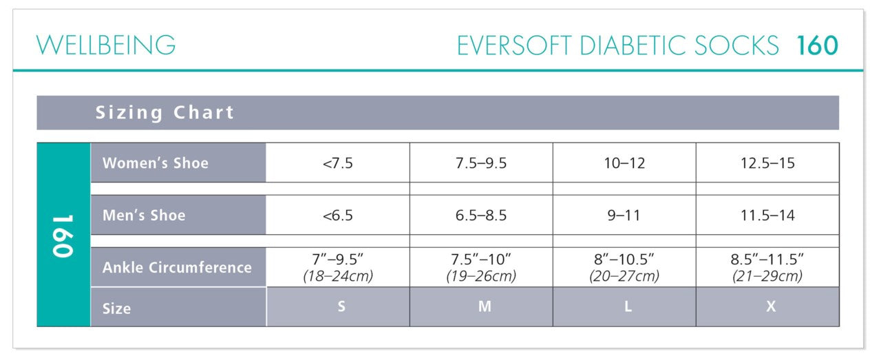 Sigvaris 160 Eversoft Diabetic Compression Socks 15-20 mmHg Calf High For Unisex Closed Toe Size Chart