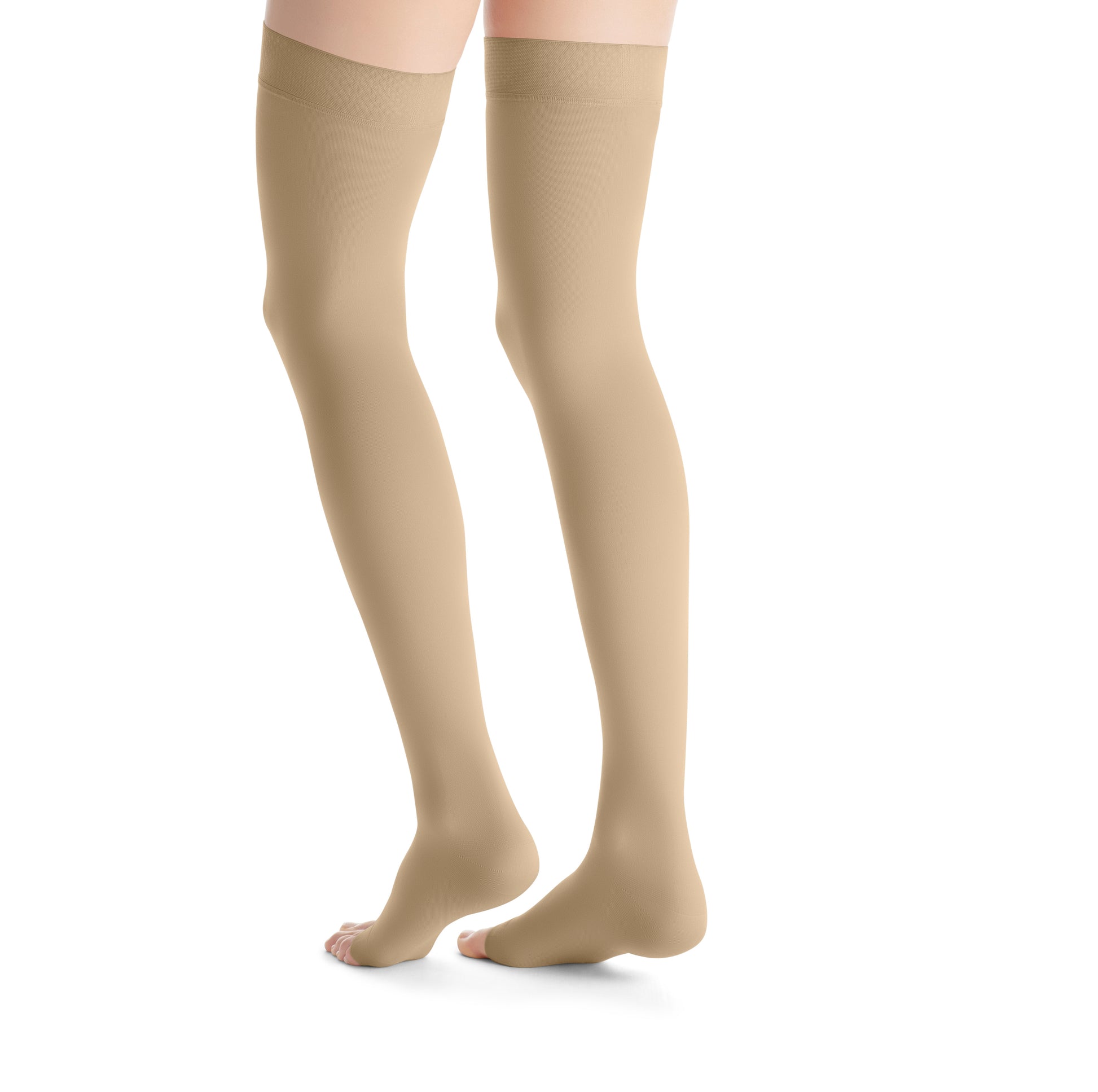 JOBST Opaque Compression Stockings 20-30 mmHg Thigh High Silicone Dot Band Open Toe back view color khakhi